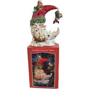 Vintage Ceramic Christmas Crescent Santa Claus Hanging Elf Table Ornament W Box